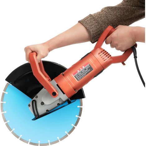Sierra para hormigón, profundidad ajustable, corte en seco y en húmedo, color naranja, negro y azul. (1/2)