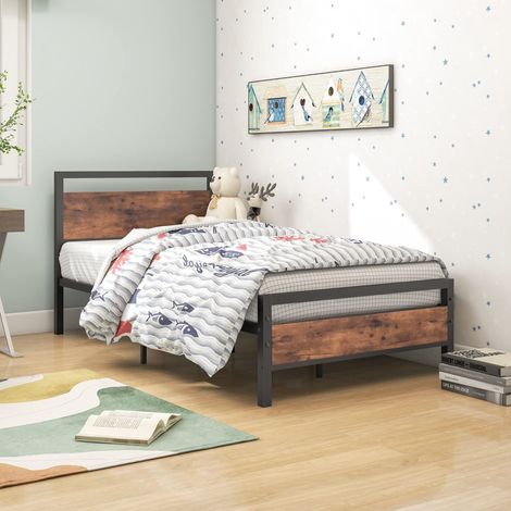 Lit enfant 90x200 cm avec sommier à lattes, rangement sous lit, MDF et métal, marron (1/5)