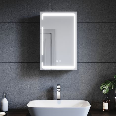 SONNI Spiegelschrank mit LED-Beleuchtung, 38 x 60 x14cm eintüriger Badezimmerspiegel Wandschrank, mit Sockel drei Farben Beleuchtung (1/5)