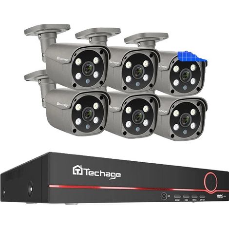 Sistema de cámaras de seguridad, 8 canales, detección de movimiento por IA, sin accesorios, 8 canales, 6 cámaras de 5 MP. (1/2)