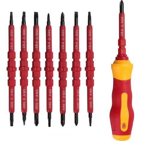Set mit 7 isolierten 500-V-Elektrikerschraubendrehern inklusive Prüfschraubendreher, isoliertem Schraubendreher mit Griff, austauschbaren magnetischen isolierten Schraubendrehern, Reparaturwerkzeugset