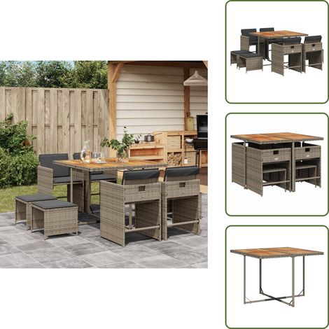 9-tlg. Garten-Essgruppe mit Kissen Grau Poly Rattan - Gartenmöbel Set - Gartentisch - Gartenstühle - Gartenhocker - Rattan Möbel