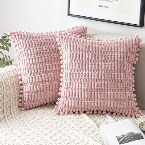 Lot de 2 housses de coussin 45x45 cm, velours côtelé, motif rayures, franges, pour canapé, lit, salon (1/5)
