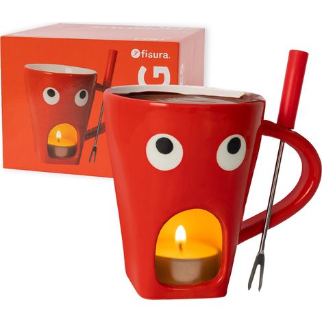 Tasse fondue chocolat rouge avec motif yeux et fourchette. Tasse fondue chocolat 140 ml utilisable aussi comme fromage. en céramique pour cadeau (1/5)