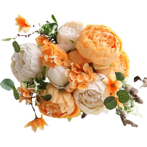 Fleur Simulée Bouquet De Pivoine Mariée Tenant Fleur Mariage Rétro Décoration De La Maison(Blanc orangé) (1/5)