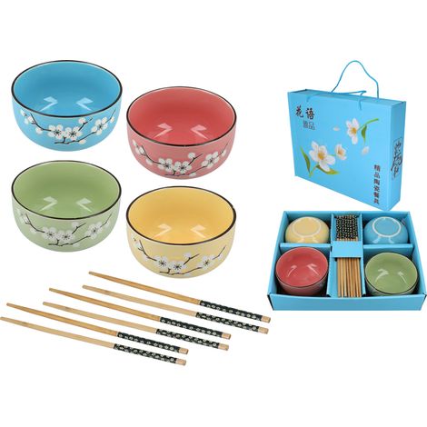 Set di 4 ciotole e bacchette per ramen, riso, porcellana, cucina asiatica (1/5)