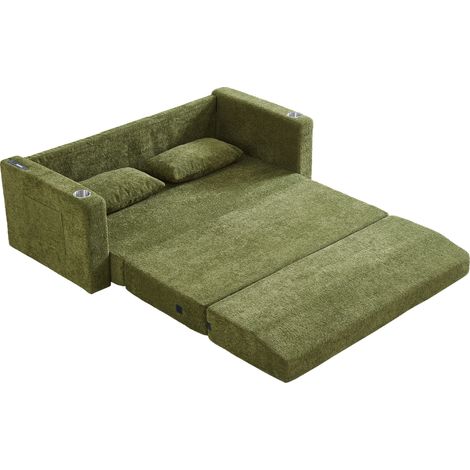 Divano letto 2 posti pieghevole verde in velluto con USB, portabicchieri e tasche MODENUIT (1/5)