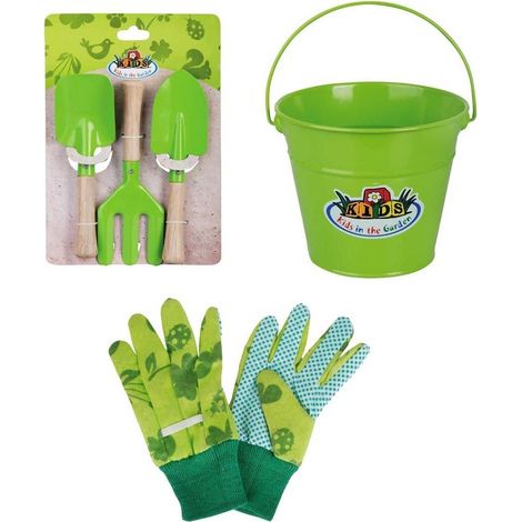 Kit petit jardinier accessoires pour enfant en métal Seau + gants + petits outils (1/4)