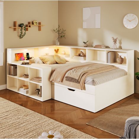 Letto per bambini 90x200 cm con vani contenitore, lampade da lettura, prese USB Type-C e cassetti, legno bianco (1/5)
