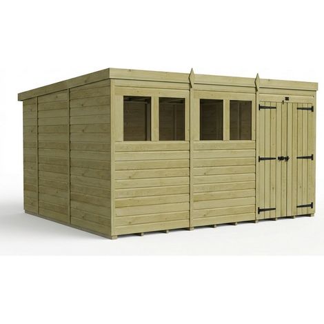 12ft x 10ft Pent Garden Shed Double Door With Windows - Pressure Treated Timber - L366 x W305 x H210 cm - Natural