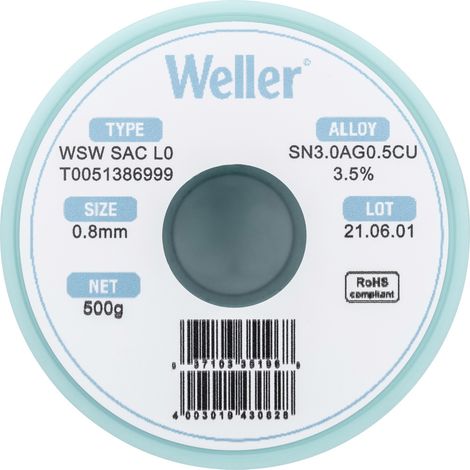 Weller WSW SAC L0 Lötzinn, bleifrei Spule Sn3,0Ag0,5Cu 500 g 0.8 mm (1/5)