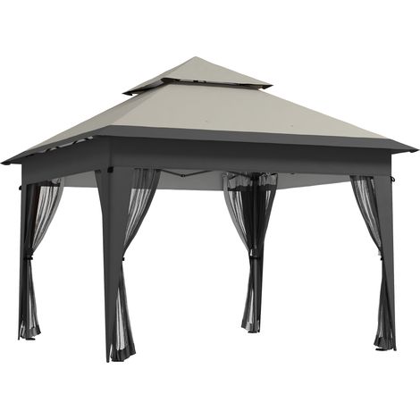 Outsunny 3 x 3(m) Pop Up Gazebo with Mosquito Netting, 1 Person Easy up Marquee Party Tent with 1-Button Push, Double Roof, Carry Bag, Sandbags, Height Adjustable Instant Shelter, Grey