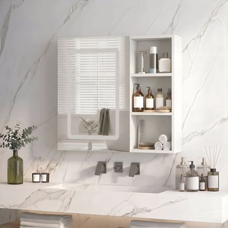 Armario de baño con espejo LED de 3 colores y antiempañante - Mueble de pared con 1 puerta y estante lateral, almacenamiento ajustable (1/5)