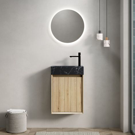 Meuble sous vasque simple préassemblé-Contreplaqué rayé-Porte-Chêne blanc grainé-Support mural 40x22x58(cm)-Sans Robinets (1/5)