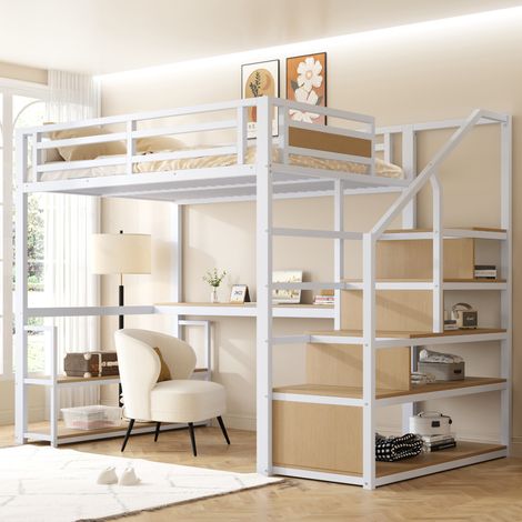 Lit mezzanine en métal 140x200 cm blanc avec escalier de rangement, étagères et bureau (1/5)