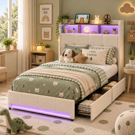 Lit 90x200cm enfant beige avec LED, lit simple avec 2 tiroirs, sommier à lattes, Tête de lit avec rangement, 2 USB et 1 Type-C, lin