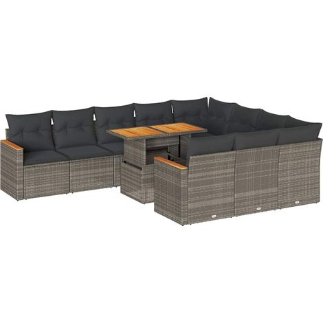 vidaXL Set Divani Giardino 11 pz con Cuscini Polyrattan Acacia Grigio (1/5)