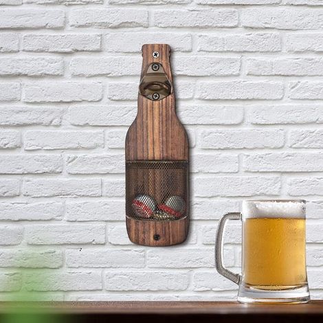 Apribottiglie vintage in legno da parete, adatto per cestino portaoggetti e bottiglia di vino. Apribottiglie/supporto da parete/accessorio/portatappi per cucina e bagno. (1/5)