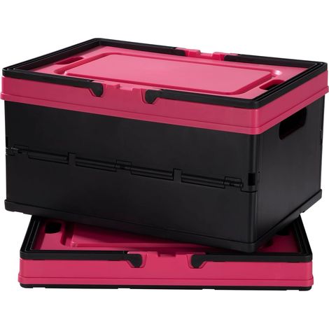 Boîtes de Rangement avec Couvercle et Poignée Caisse de Rangement Bac de Rangement Pliable en Plastique Durable Empilable Idéales pour Camping, Coffre de Voiture, Maison,Bureau (Noir Pink) (1/5)