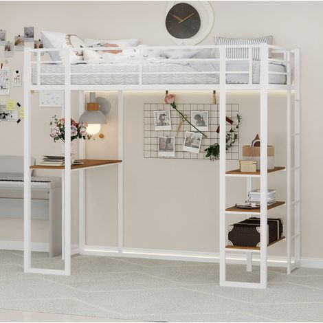 Hochbett mit Schreibtisch und Stauraum Metall Weiß OKMYHOME (1/5)