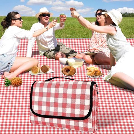 Manta de picnic, Manta de picnic de 200x200cm, impermeable, a cuadros rojos, La manta plegable para acampar al aire libre es suave y portátil (1/5)