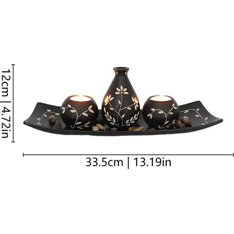 Photophores en Bois Noir avec Plateau et Pierres - Motif Floral - 33,5 x 12 cm (1/5)