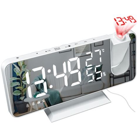 Réveil de plafond à projection numérique avec éclairage LED miroir, 4 niveaux de luminosité, double réglage d'alarme et port de chargement USB. (1/4)