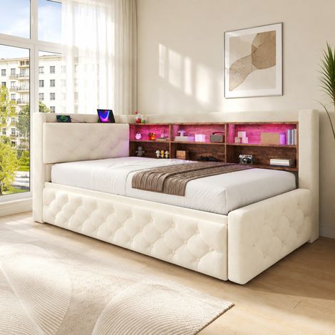 Divano letto 211x91x84 cm in velluto beige con contenitore, per piccoli spazi – MEUBLIV (1/5)