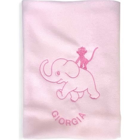 Couverture polaire personnalisée avec nom - Bébé éléphant - Garçon et Fille - Lit d'enfant bébé nouveau-né, broderie Made in Ita Cm. 70x100 Rose