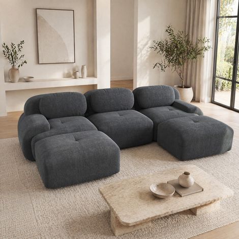 Ecksofa aus Cordstoff Grau, modular, rahmenlos, montagefrei, mit breiten geschwungenen Armlehnen (1/5)