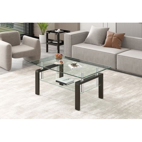 Tavolino da caffè 100x60x44 cm in vetro temperato e metallo con ripiano - MEUBLIV (1/5)