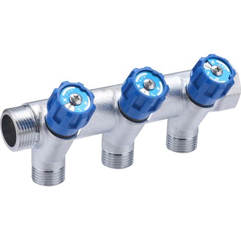 Colector Macho Hembra 3/4 con Grifos Válvulas Azules QUICK PLOMBERIE - 3 Salidas Macho 1/2