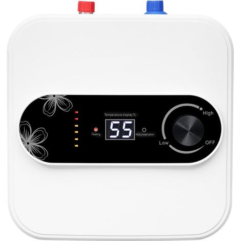 HAUTOUR Mini chauffe-eau électrique 8L blanc rectangulaire 1500W 220V prise UE, écran LED IPX4, pose murale ou sur pied, sortie d'eau supérieure pour cuisine balcon salle de bain (1/5)