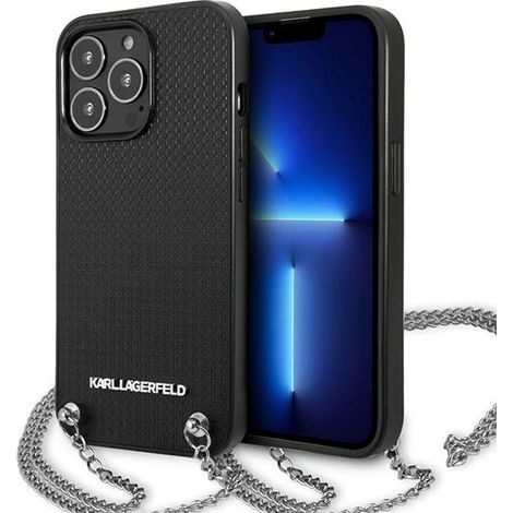Étui rigide Karl Lagerfeld KLHCP13LPMK pour iPhone 13 Pro / 13 6.1, en cuir texturé noir avec chaîne. (1/5)