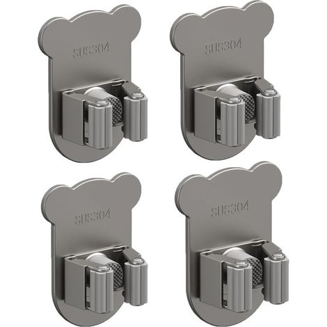 Set di 4 supporti per scope in acciaio inox SUS 304 con design a cartoni animati - Fissaggio a parete senza foratura - Robusto organizer per scope (grigio metallizzato) (1/2)