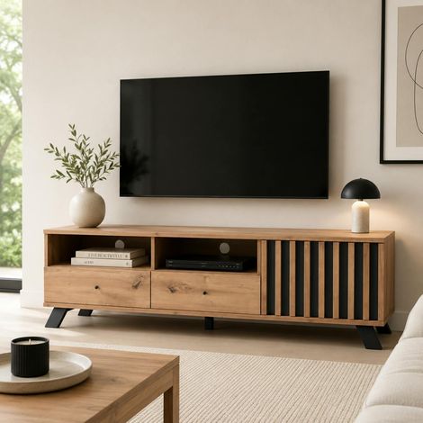 Meuble TV avec rangement 1 porte noire rainurée ALVA (1/5)