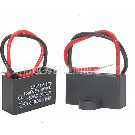 Lot de 2 condensateurs de démarrage pour ventilateur CBB61 1,5 µF 450 V (avec fils) - Convient aux ventilateurs miniatures, petits appareils électroménagers et ventilateurs d'ordinateur.