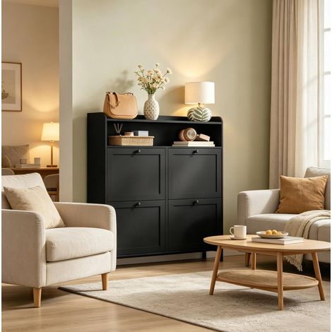 Mobile portascarpe slim con 4 ribalte, 100 x 19,5 x 107 cm, nero HAVRYA (1/5)