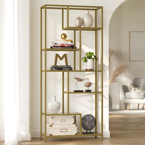 Étagère de Rangement, Bibliothèque, 6 Niveaux, Porte-plantes, 30 x 80 x 180 cm, Verre Trempé, pour Bureau, Salon, Chambre, Cuisine, Doré (1/5)