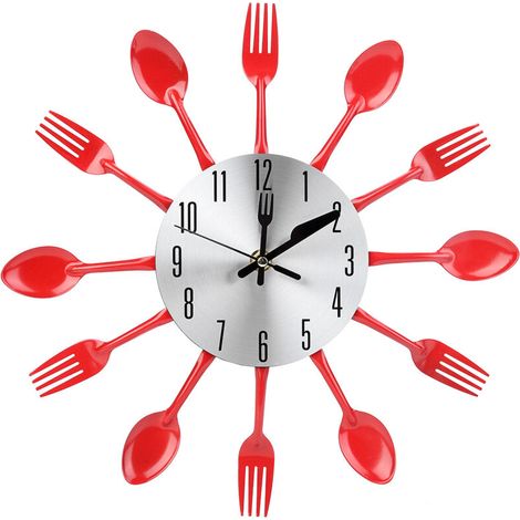 Horloge Murale Cuisine en Acier Inoxydable - Couteau, Fourchette, Cuillère - Décoration Rouge