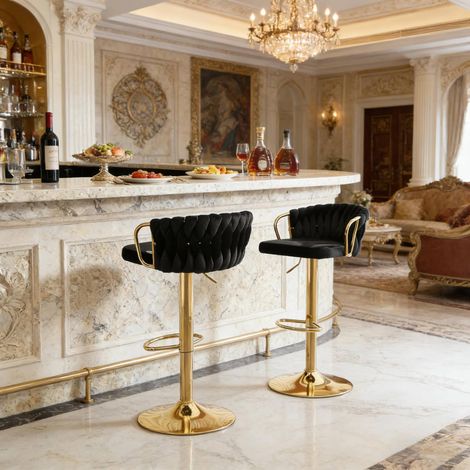 Tabouret de bar réglable en hauteur, lot de 2, en velours noir, avec dossier et accoudoirs OKMYHOME (1/5)