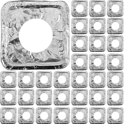100 protectores cuadrados de aluminio para quemadores, de 3,5 micras de grosor, para cocinas de gas, desechables, resistentes a la grasa y ajustables, alfombrillas protectoras reutilizables para placa (1/5)