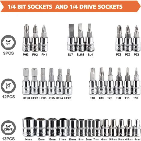 Set di chiavi a bussola da 46 pezzi in cromo vanadio, set di adattatori da 1/4" per auto fai da te (1/4)