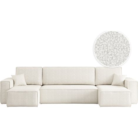 Loungitude – Canapé d'angle panoramique convertible 6 places en tissu bouclette – Grand format en U – Lit intégré – Coffre de rangement – Blanc (1/5)