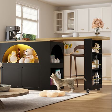 Table de bar extensible 135-205x39x100 cm avec LED et rangement, noire (1/5)