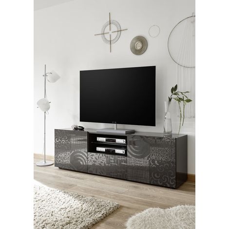 Meuble TV moderne 181 cm laqué gris brillant Orlane (1/5)