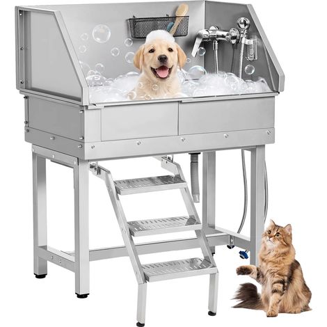 Vasca da bagno per animali domestici, in acciaio inossidabile, dimensioni 34 pollici, adatta a animali fino a 110 libbre, peso 30,5 kg, include rubinetto e doccetta. (1/5)