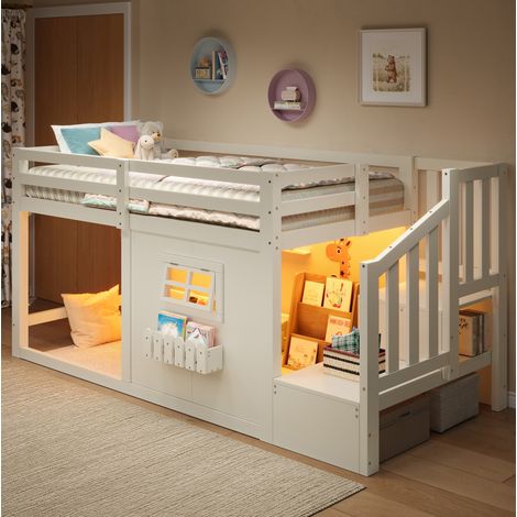 Lit mezzanine 90x200 cm avec rangements, LED et fenêtre, escalier sécurisé, structure en bois blanc (1/5)