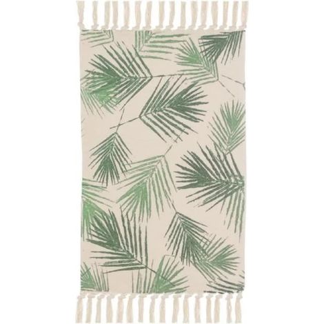 Tapis rectangulaire à franges - JUANIO - 80x50 cm - 50% coton/50% polyester - Beige/Vert - Pompons imprimés (1/3)