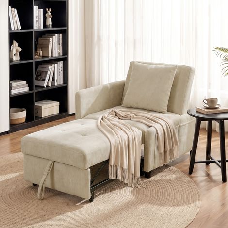 Fauteuil Convertible 1 Place, Fauteuil-Lit Clic-Clac 4 en 1 Rembourré en Chenille, Dossier Réglable, Assise Large, Beige (1/5)
